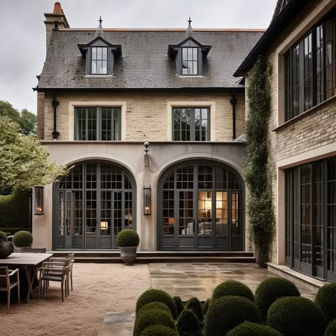 Instagram English Country House Modern, French Manor House Exterior, English Revival Homes, Small Georgian Homes, Courtyard Front Of House, Brick And Stone House Exterior, French Modern Home Exterior, English Country Mansion, English Country House Exterior