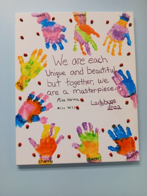 All About Us Preschool Activities, Group Handprint Art Class Projects, Here Are My Hands Preschool, Wonderful Me Art Toddlers, Infant Friendship Activities, Friendship Handprints Preschool, Diversity Math Activities For Preschool, Goodbye Summer Crafts For Toddlers, Family Theme Infant Activities