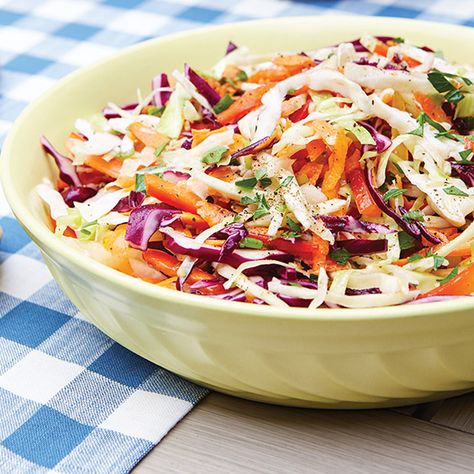 A colorful mixture of cabbage, carrots, bell peppers, onions, and parsley creates a refreshing Sweet and Tangy Marinated Slaw. Vinegar Coleslaw, Asian Coleslaw, Sesame Ginger Dressing, Red Cabbage Slaw, Vegan Coleslaw, Asian Slaw, Sesame Ginger, Ginger Dressing, Asian Salad