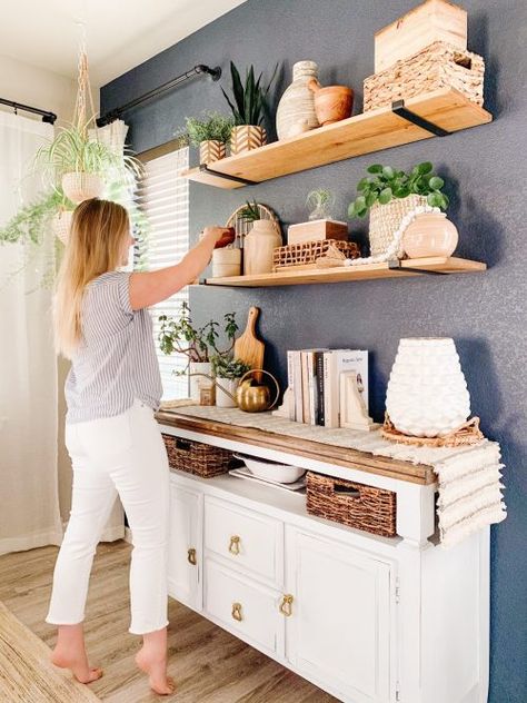 Friday Favs - Shelf Decor Round-Up - Sprucing Up Mamahood Console Table With Shelves Above, Sideboard With Wall Shelves, Shelving Above Buffet Table, Shelf Over Buffet, Open Shelves Over Buffet, Shelves In Dining Room Wall, Shelving Above Sideboard, Open Shelving Over Buffet, Buffet Shelf Decor