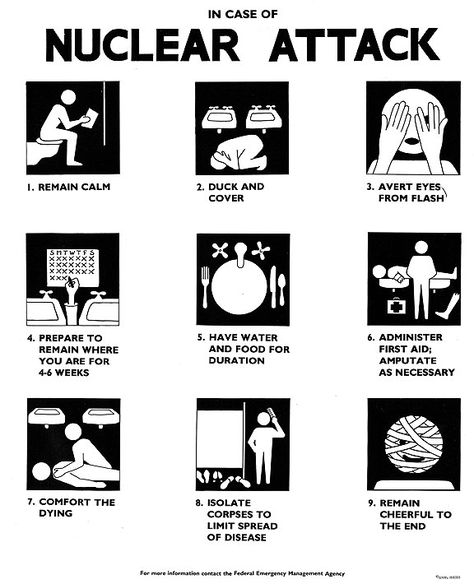 In Case of Nuclear Attack Poster - This poster was placed in San Francisco BART trains during the early 1980s, dramatizing the absurdity of claims of surviving nuclear war. Nuclear Warfare Aesthetic, Nuclear Survival, Nuclear Warfare, Nuclear Fallout, Nuclear Apocalypse, Survival Items, Emergency Preparation, Survival Life Hacks, Apocalypse Survival