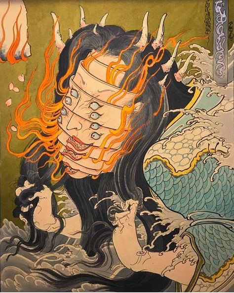 Mike Dorsey, Japanese Fire, La Tattoo, Japanese Horror, Japanese Drawings, Japanese Art Prints, Japanese Folklore, Japanese Artwork, Traditional Japanese Art