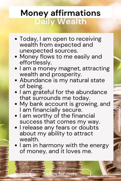 money affirmations daily wealth Financial Wealth Affirmations, Attract Money Affirmations, Affirmation For Wealth, Magnetic Affirmations, Lottery Affirmations, Money Manifestations, Millionaire Affirmations, Job Affirmations, Financial Affirmations