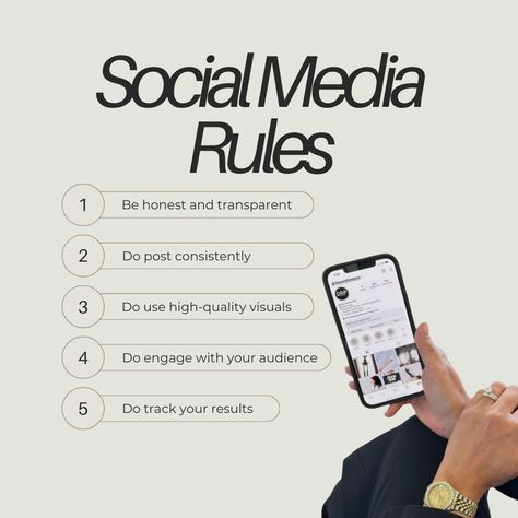 Social Media Rules 🌟 1️⃣ Be honest and transparent 2️⃣ Post consistently 3️⃣ Use high-quality visuals 4️⃣ Engage with your audience 5️⃣ Track your results Follow these guidelines to build trust, grow your community, and achieve success on social media! #instagramtipsforbusiness #instagramstrategy #instagramgrowth #socialmediatips #socialmediagrowth #contentcreation #smallbusiness #smallbusinesstips #smallbusinessowner #socialmediamanager #instagramforsmallbusiness #howtogrowyourinstagra... Strong Branding, Social Media Challenges, Social Media Content Strategy, Instagram Marketing Strategy, Social Media Strategist, Social Media Help, Online Digital Marketing, Social Media Marketing Content, Business Content