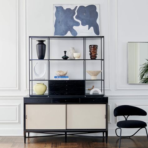 Connoisseur Console Cabinet and Hutch Model 1095 | CB2 Shelving Organization, Mcm Chair, Office Shelves, Home Living Room Ideas, Design Conference, Modern Storage Cabinet, Paul Mccobb, Mcm Furniture, Black Dining Chairs