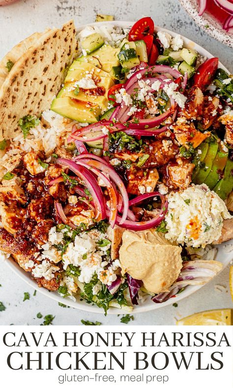 Harissa Honey Chicken Bowl, Chicken Pita Bowl, Homemade Cava Bowl, Nashville Hot Chicken Bowl, Cava Bowl Meal Prep, Pita Bowl Recipes, Crockpot Harissa Chicken, Veggie Chicken Recipes, Mederteranian Bowl