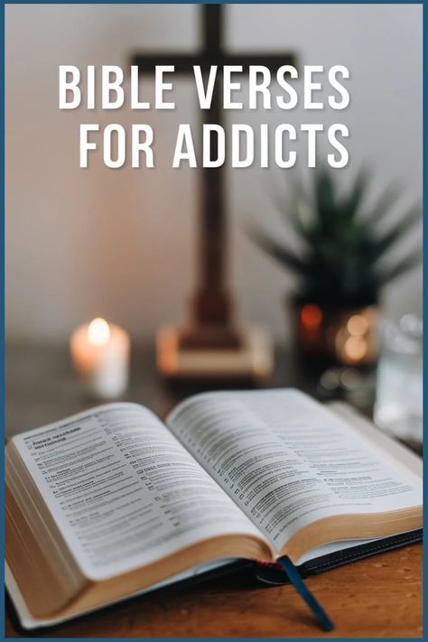 Open Bible with lit candle and blurred cross in the background, titled "Bible Verses for Addicts". Bible Verses For Recovering Addicts, Romans Bible Study, Important Bible Verses, Psalm 34 17, Romans Bible, New Creation In Christ, Freedom In Christ, Developing Healthy Habits, Bible Study Group