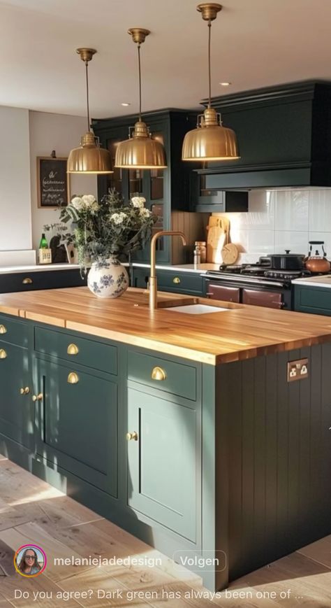 B&q Kitchen, Kitchen Remodel Grey Cabinets, Green And Wood Kitchen Ideas, Wood And Green Kitchen, Modern Kitchen With Island, Dark Green Kitchen, Green Kitchen Cabinets, Diy Kitchen Renovation, Future Kitchen