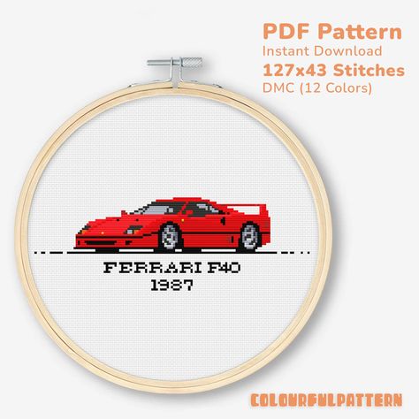 Ferrari Cross Stitch, Cross Stitch Car, Ferrari Embroidery, Car Cross Stitch Pattern, Car Cross Stitch, Cars Characters, 10 Points, Ferrari F40, Thread Colors