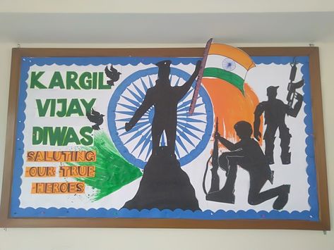 Kargil Vijay Diwas Poster Making, Kargil Diwas Board Decoration, Kargil Vijay Diwas Creative Ads, Kargil Diwas, Notice Board Decoration, Board Decoration Ideas, Soft Board Decoration, Kargil Vijay Diwas, Vijay Diwas