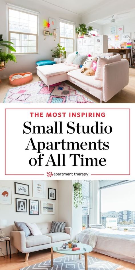 These studio apartments have clever and beautiful ways to create visual divisions between the functional areas of their one-room home. I #smallspaces #studioapartment #rental #homeinspiration #roomdivider Small Space Apartment Ideas, Apartment Therapy Small Spaces, Apartments Design, Studio Apartment Living, Studio Apartment Design, Studio Apartment Divider, Trendy Apartment, Studio Apt, Small Studio Apartment