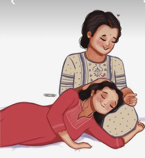 Mother And Daughter Drawing, Mom Drawing, Mother Daughter Art, Describe Feelings, Childhood Memories Art, Bengali Art, Indian Illustration, Mom Art, Illustration Art Girl