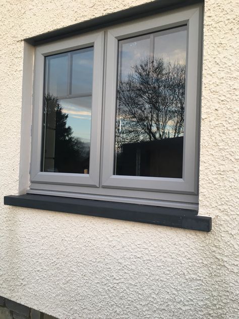 Light grey pvc window with T bar detail Welsh slate sill Slate Grey House Exterior, Window Sill Exterior, Window Frame Colors Exterior, Light Grey Windows, Pvc Windows Ideas, Pvc Windows Design, Basalt Grey Windows, Grey Windows Exterior, Slate Window Sill