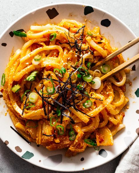 Top 17 Japanese Foods to Make at Home Because Your Trip to Japan Was Cancelled · i am a food blog i am a food blog Kimchi Udon, Kimchi Fries, Udon Recipe, Korean Side Dishes, Buttered Noodles, Easy Asian, Low Carb Pasta, Pasta Dinners, Asian Grocery