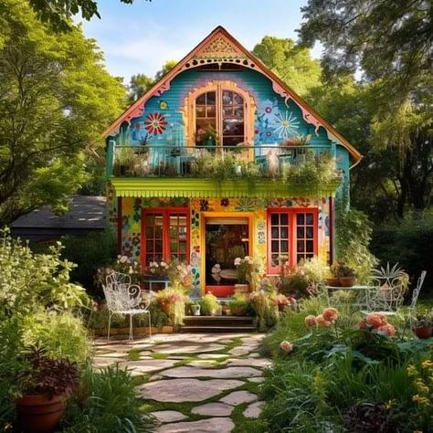 Eccentric House Exterior, Boho House Exterior, Colorful Cabin, Unique Houses Exterior, Magical Cottage, Fairytale Houses, Cute Cottages, Storybook House, Colorful House