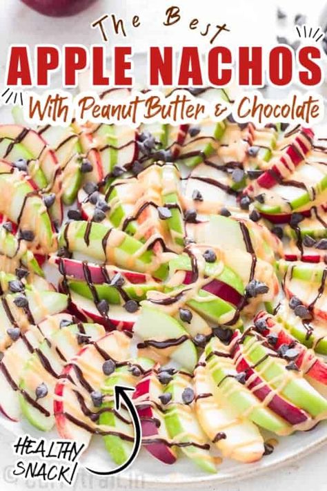 Apple Nachos Peanut Butter, Apple Nachos Healthy, Apple Nachos Recipe, Halloween Softball, Apple Peanut Butter, Healthy Party Snacks, Apple Nachos, Apple Snacks, Peanut Butter Snacks