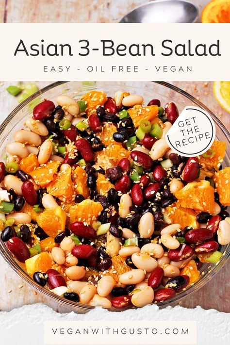 Asian three-bean salad is a healthy, vegan recipe with fresh oranges, a simple oil-free dressing, a toss of green onions, and a sprinkle of sesame seeds. Using canned beans for this bean salad recipe takes about 20 minutes from prep to table. Bean Salad Dressing, Vegan Bean Salad, Dry Beans Recipe, 3 Bean Salad, Bean Salad Recipe, Oil Free Vegan Recipes, Three Bean Salad, Vegan Lentil Soup, Bean Salad Recipes