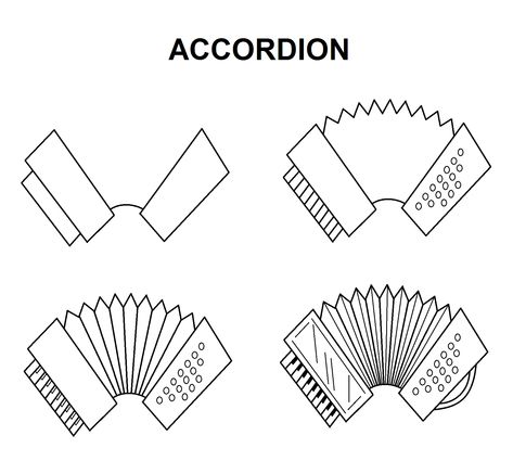 Step-by-Step tutorial for an accordion. Accordion Tattoo, Accordion Sketchbook Ideas, Accordion Drawing, Accordion Illustration, Accordion Aesthetic, Accordion Scrapbook, Diy Pop Up Cards, Hispanic Art, Alphabet Stencils