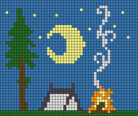 Fire Grid Pattern, Pixel Art Camping, Camping Pixel Art, Big Perler Bead Patterns, Alpha Crochet Patterns, Character Blankets, Autumn Cross Stitch Patterns, Moon Tree, Graph Crochet