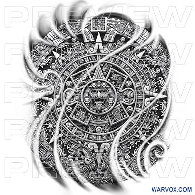 aztec_calendar_half_sleeve_tattoo_design_warvox_d048w Aztec Calendar Chest Tattoo, Aztec Calendar Tattoo, Glyphs Tattoo, Calendar Tattoo, Half Sleeve Tattoo Design, Mayan Glyphs, Tiger Tattoo Sleeve, Aztec Tattoos, Inca Tattoo