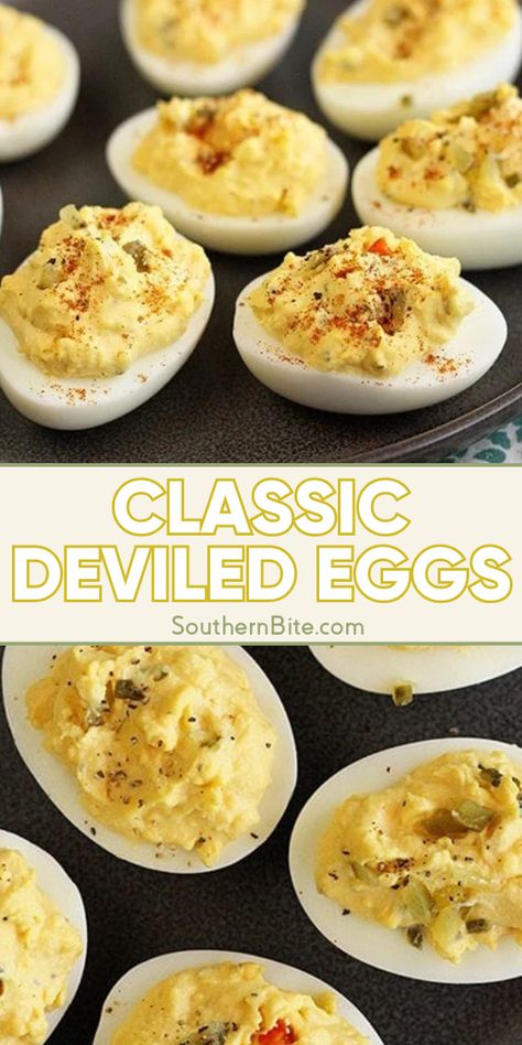 This is the quintessential recipe for Classic Southern Deviled Eggs. It is a delicious holiday meal staple that features a great shortcut! Southern Style Deviled Eggs Recipe, Deviled Eggs Paula Deen, Betty Crocker Deviled Eggs Recipe, Paula Deen Deviled Eggs Recipe, Deviled Eggs With Cottage Cheese, Stuffed Eggs Recipe, Classic Deviled Eggs Recipe Best, How To Make Deviled Eggs, Dressed Eggs