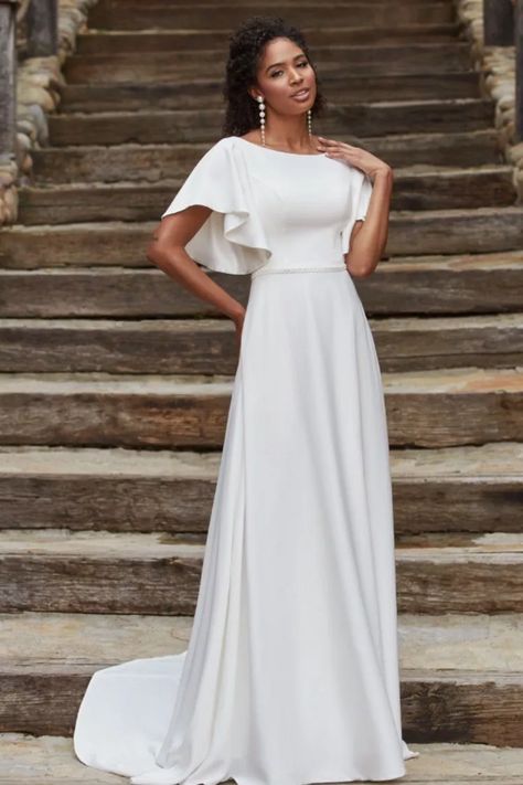 Satin Short Sleeve, Modest Bride, Short Sleeve Wedding Dress, Modest Wedding Gowns, Wedding Gown Styles, Crepe Wedding Dress, Modest Style, Joyous Celebration, Satin Short