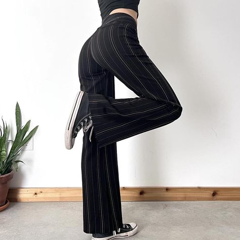 Black and Pink Striped Pants Low rise flare fit.... - Depop Low Waisted Pin Stripe Pants, Pinstripe Flare Pants, 90s Pants, Pants Low Rise, Low Rise Pants, Practical Fashion, Mode Inspo, Designer Jeans, Black And Pink