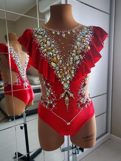 Red Dance Costumes, Rhythmic Gymnastics Costumes, Solo Dance Costumes, Red Leotard, Leotards Gymnastics Rhythmic, Twirling Costumes, Modern Dance Costume, Pretty Dance Costumes, Tap Costumes