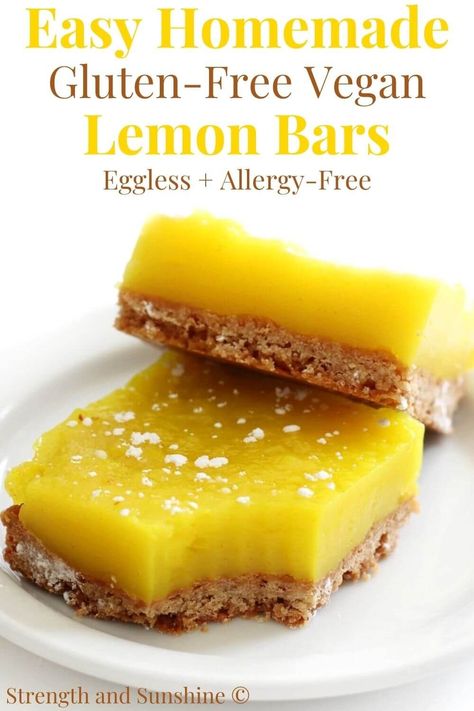 Vegan Lemon Bars (Gluten-Free, Eggless) | Strength and Sunshine | These easy Vegan Lemon Bars are completely gluten-free and eggless! This healthier lemon bar recipe is made with a 4 ingredient, dairy-free & buttery shortbread crust, layered with perfectly sweet and tangy lemon curd filling! No nuts or soy, this allergy-free dessert is a perfect spring or summertime treat everyone will love! Lemon Bar Recipe, Vegan Lemon Bars, Gluten Free Lemon Bars, Curd Filling, Lemon Bar, Lemon Bars Recipe, Buttery Shortbread, Egg Free Recipes, Herb Recipes