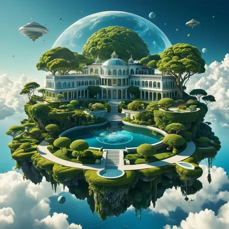 an intricate complex beautiful island floating in the sky with a magnificent futuristic mansion and fantastical gardens joe webb ezra stolle... - AI Generated Artwork - NightCafe Creator Futuristic Island, Futuristic Underwater City Concept Art, Futuristic Island City, Futuristic Mansion, Sci Fi Underwater City, Floating Islands Fantasy Art Space, Floating Futuristic City, Floating In The Sky, Floating Island