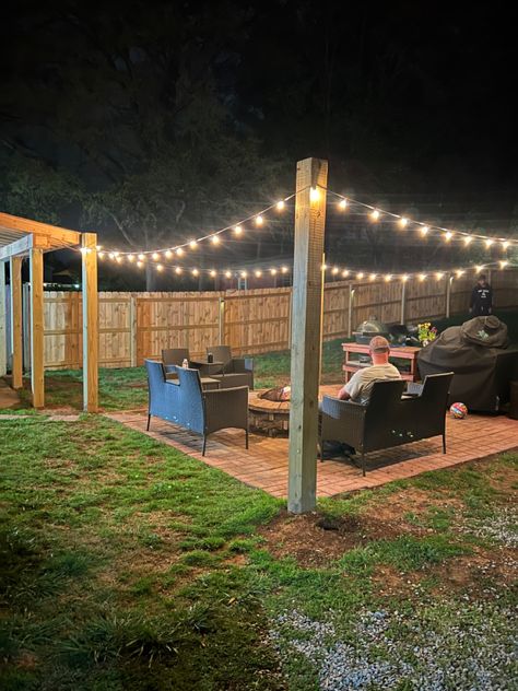 Backyard Fire Pit With Lights, Back Yard String Lights Outdoor, Patio With Lights, Backyard Patio Lights, Patio String Lights Ideas Backyards, Patio Wedding Reception, Outdoor String Lights, Outdoor String Lighting Ideas, Patio Lights String Ideas