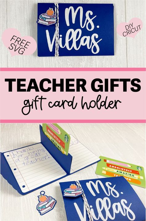 Teacher gifts / teacher appreciation pop up gift card holder with cute lined notebook paper for a personal message from your child. The perfect teacher gift. Gift Card Teacher Gifts, Easy Gift Card Holder Diy, Gift Card Svg Free, Gift Card Holder Template Free Printable, Teacher Appreciation Gift Card Ideas, Diy Teacher Gift Card Holder, Cricut Gift Card Holder Template, Gift Card Holder Cricut Free, Gift Card Holder Cricut