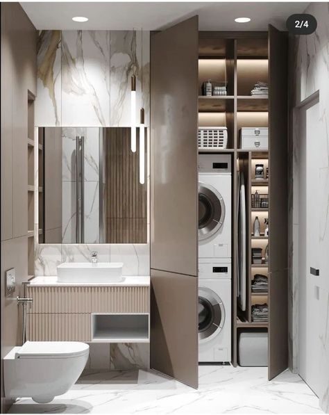 Bathroom With Washer And Dryer, Modern Laundry Room Ideas, Backlit Bathroom Mirror, Toilet And Bathroom Design, Jacuzzi Bathtub, Bathroom Store, Stylish Laundry Room, Bathtub Bathroom, Laundry Room Layouts