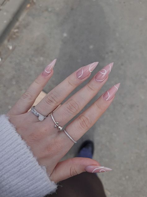 Simple nude nails with white lines, elegant, stilleto White Stilletos Nails, Nails With White Swirls, Simple Elegant Nails, Nails With White, Nails White, Elegant Nails, White Nails, Nail Ideas, Nail Inspo