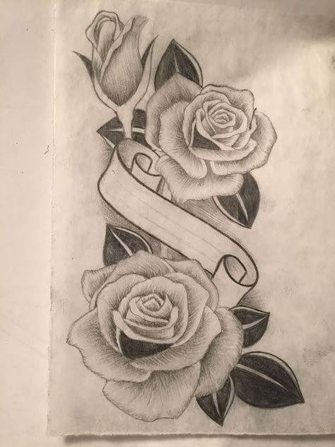 Rose design with banner in center of roses | Flower drawing, Roses drawing, Rose drawing tattoo Roses With Banner Tattoo, Rose With Banner Tattoo Design, Rose Banner Tattoo, Rose With Banner Tattoo, 3 Roses Tattoo Design, Banner Tattoo Design, Banner Tattoo, Tattoo Banner, Rose Drawing Tattoo