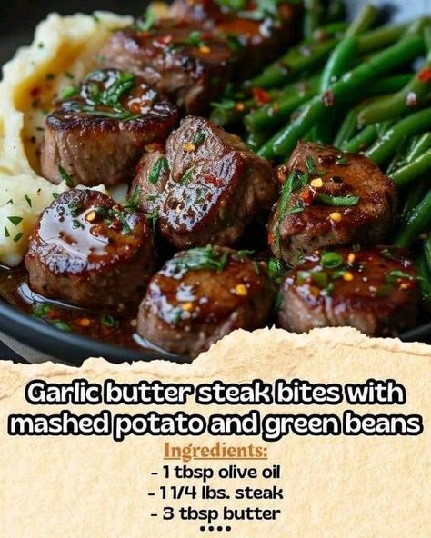 recipes world | Garlic Butter Steak Bites with Mashed Potatoes and Green Beans 😋 | Facebook Potato And Green Beans, Mashed Potatoes And Green Beans, Garlic Butter Steak Bites, Butter Steak Bites, Bobby Flay Recipes, Potatoes And Green Beans, Butter Steak, Sauteed Green Beans, Garlic Butter Steak