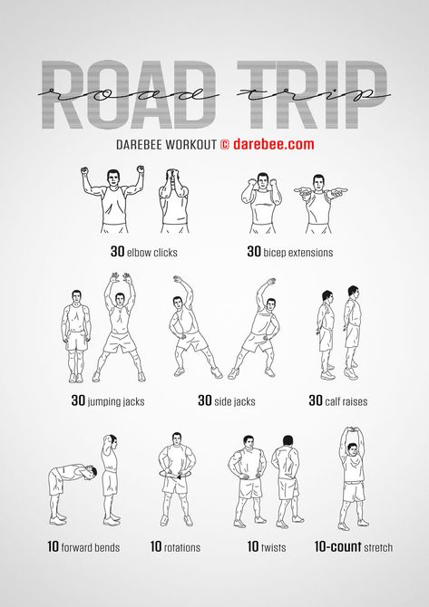 Road Trip Workout Forward Bend, Long Road Trip, Calf Raises, Long Road, Jumping Jacks, Training Plan, Road Trips, Workout Programs, No Equipment Workout