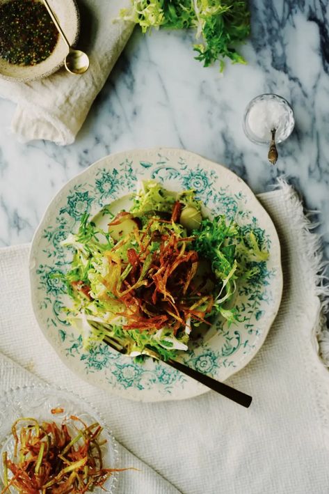 Good enough to eat as a meal, but perfect as a side salad, this frisée and potato salad is topped with irresistible frizzled leeks and dressed with a delicious whole-grain mustard vinaigrette. Get the recipe at HannahBerryMakes.com Leek Salad, Leek Recipes, Side Salad, Leeks, Potato Salad, Mustard, Side Dishes, Healthy Eating, Salad