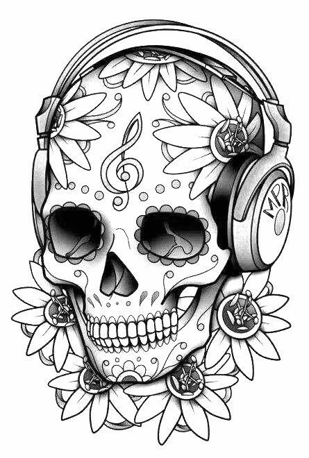 Skull With Headphones, Headphones Tattoo, Skull Coloring, Skull Coloring Pages, Sugar Skull Girl, Sugar Skull Tattoos, Theme Tattoo, Skulls Drawing, Candy Skulls