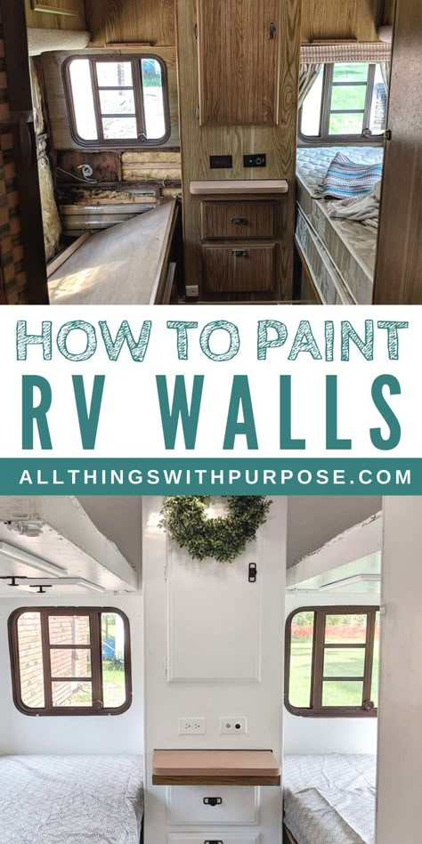 Everything you need to know about painting the interior of your RV! Whether you're painting over wallpaper or fake wood, here is what you need to know. Paint Rv Walls, Renault Kangoo Camper, Paint Rv, Painting Over Wallpaper, Motorhome Remodel, Mercedes Camper, Glamper Camper, Rv Redo, Interior Makeover