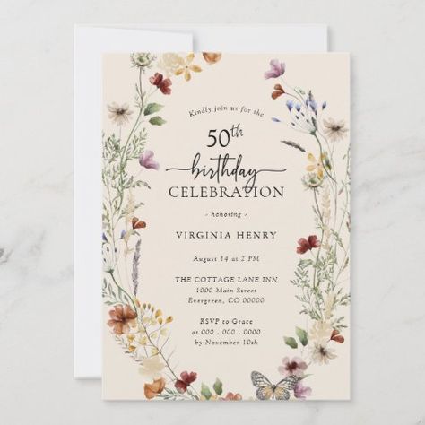 $2.82 | 50th Floral Birthday Invitation - birthday, watercolor floral, elegant hand lettered script, boho chic, vintage wildflowers, whimsical flower wreath, spring summer fall, tan sage terracotta purple rust, 50th, 50th birthday party Bohemian Birthday, Summer Birthday Invitations, 60th Birthday Party Invitations, Floral Birthday Invitations, Whimsical Flower, 21st Birthday Invitations, 60th Birthday Invitations, 30th Birthday Invitations, 50th Birthday Invitations