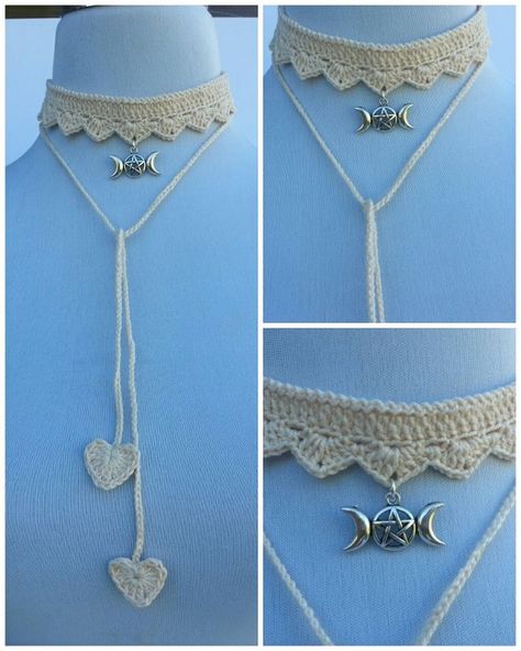 Crochet Choker Necklace, Crochet Choker Free Pattern, Crochet Choker Pattern, Crochet Lace Choker, Fairy Necklaces, Goth Crochet, Choker Crochet, Choker Patterns, Crochet Ribbon