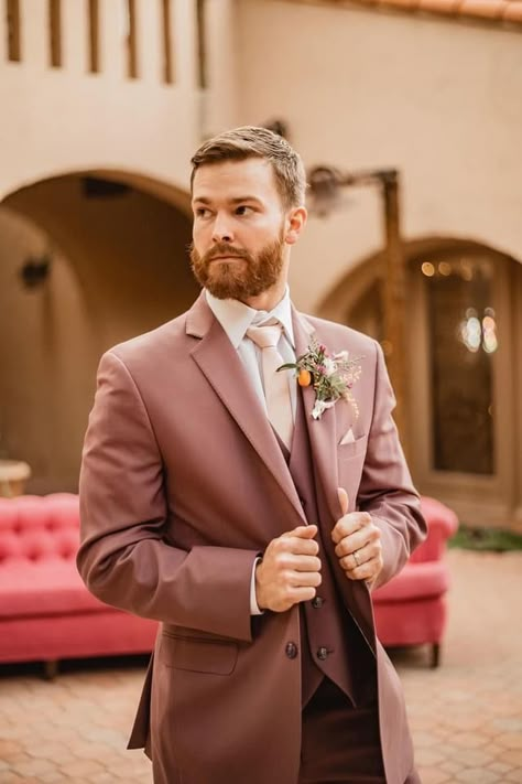 Men’s Suit Colors Wedding, Old Rose Suit Men, Dusty Rose Mens Wedding Attire, Dusty Pink Mens Suit, Cinnamon Rose Groomsmen Attire, Peach Groom Suit, Dusty Rose Suits For Men, Dusty Rose Tuxedo Wedding, Dusty Rose Groom Suit