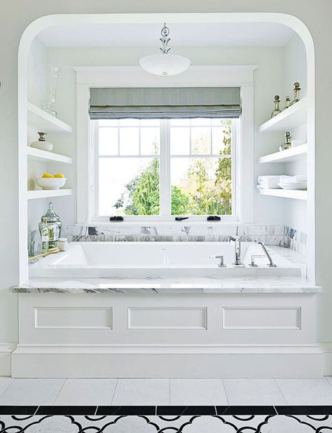 I really like the shelves!  book nook in the tub, love this! Remodel? Drop In Tub, Tub Ideas, Casa Country, Bad Inspiration, Tub Surround, Subway Tiles, Dream Bathrooms, Bathroom Renos, Dream Bathroom