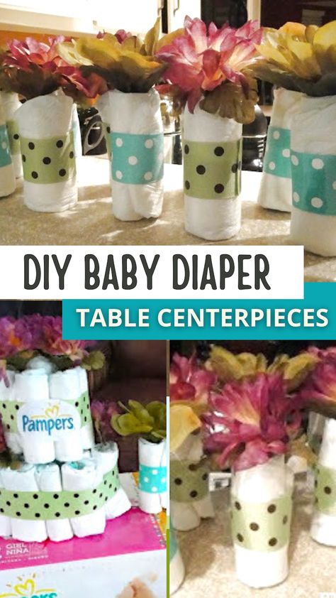 Cute and easy DIY Baby Diaper Centerpieces for Your Baby Shower. Homemade Baby Shower Decorations, Homemade Centerpieces, Cheap Baby Shower Favors, Diaper Centerpiece, Gender Reveal Party Food, Diy Baby Shower Centerpieces, Tiffany Baby Showers, Shower Design Ideas, Girl Baby Shower Centerpieces