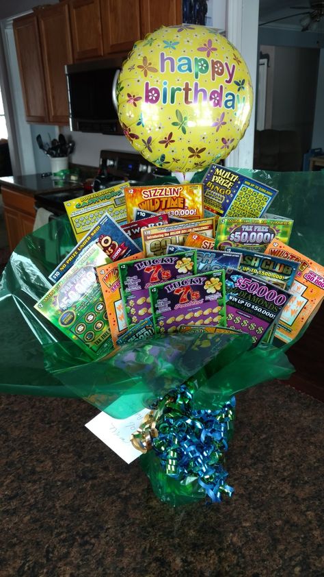 Lottery ticket bouquet for Grandma's 90th with $90 of tickets. Flowers With Lottery Tickets, Lottery Ticket Bouquet 18th Birthday, 50th Birthday Lottery Ticket Gift, Birthday Lottery Ticket Ideas, 18th Birthday Bouquet Ideas, 18th Birthday Lottery Ticket Gift, Lottery Ticket Birthday Gift Ideas, Lotto Ticket Gift Ideas Birthday, Lotto Ticket Cake