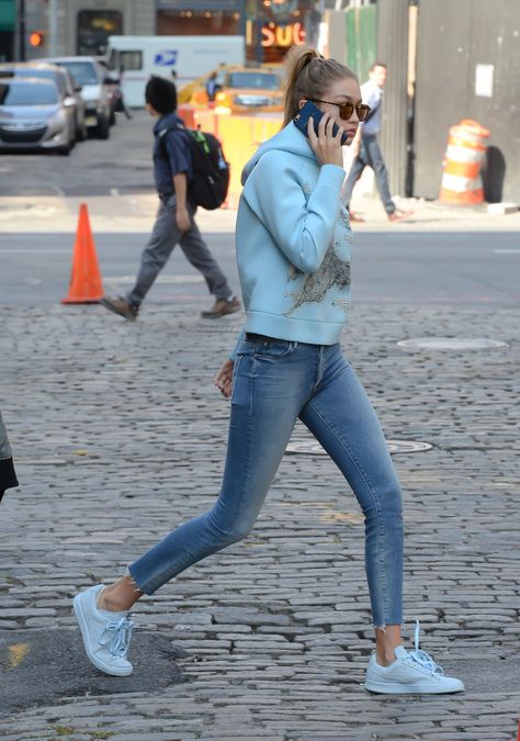 Pinterest @esib123 #style #inspo #fashion Wearing Puma sneakers. Image Source: Getty / Raymond Hall Gigi Hadid Outfits, Gigi Hadid Style, Pastel Outfit, Hadid Style, Popsugar Fashion, Puma Sneakers, Gigi Hadid, Vogue Paris, Outfits Casuales