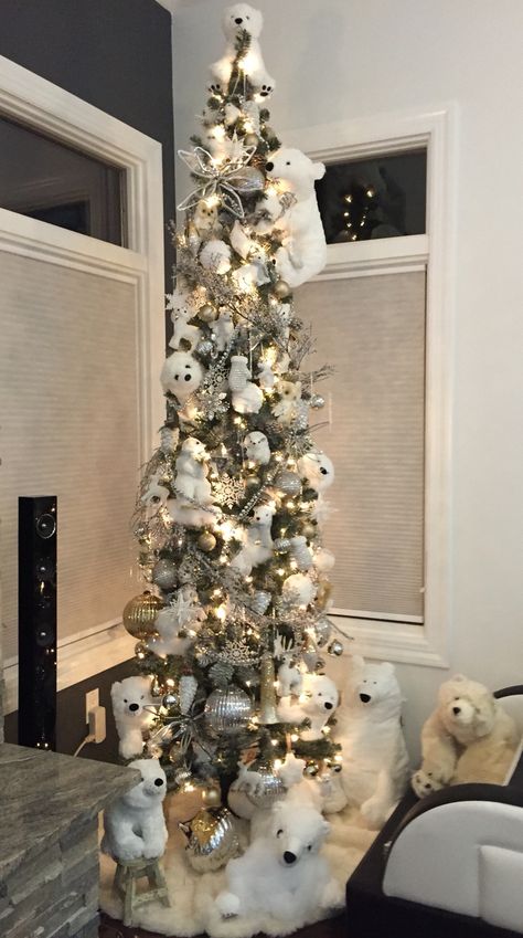 Polar bear white Christmas tree Pencil Tree Decorating Ideas, Pencil Trees Decorating Ideas, Christmas Reference, Skull Decorations, Pencil Christmas Tree Ideas, Christmas Abbott, Butterfly Christmas, Pencil Tree, Tree Decorating Ideas