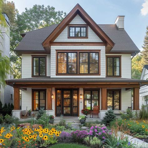 Warm and Inviting Brown Outdoor Window Trim • 333+ Art Images Mission Style Homes Exterior, House With Brown Windows, Brown Siding House, Brown Windows Exterior, Brown Trim House Exterior, Modern Classic Exterior Design, Brown Roof House Colors, Modern Classic Exterior, Outdoor Window Trim