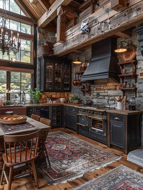 Cozy Cabin Kitchen, Log Home Kitchens, Hampshire House, Cottage Core House, Industrial Style Kitchen, Hot House, Cedar Homes, Kitchen Remodel Design, Rustic Kitchen Design